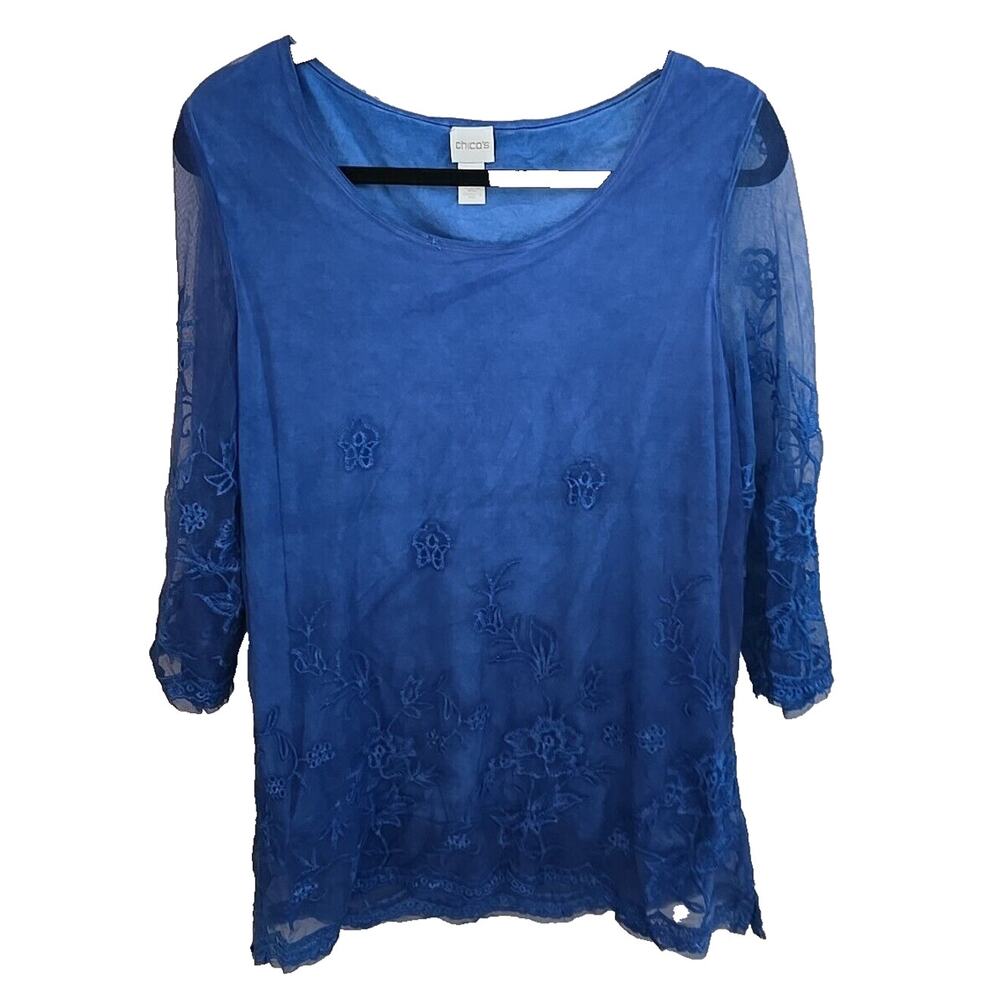 Chico's Blue Embroidered Floral 3/4 Sleeve Casual Boho Tunic Top Womens Sz 1 SM